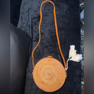 Round Woven Tan Crossbody Bag